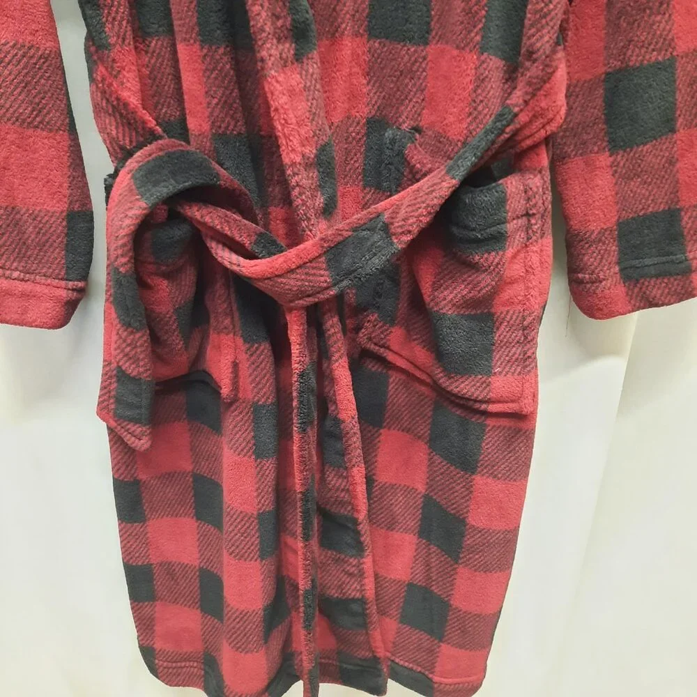 Tommy Hilfiger Mens Medium Plaid Fleece Robe Red Black Sleepwear Pajamas Warm